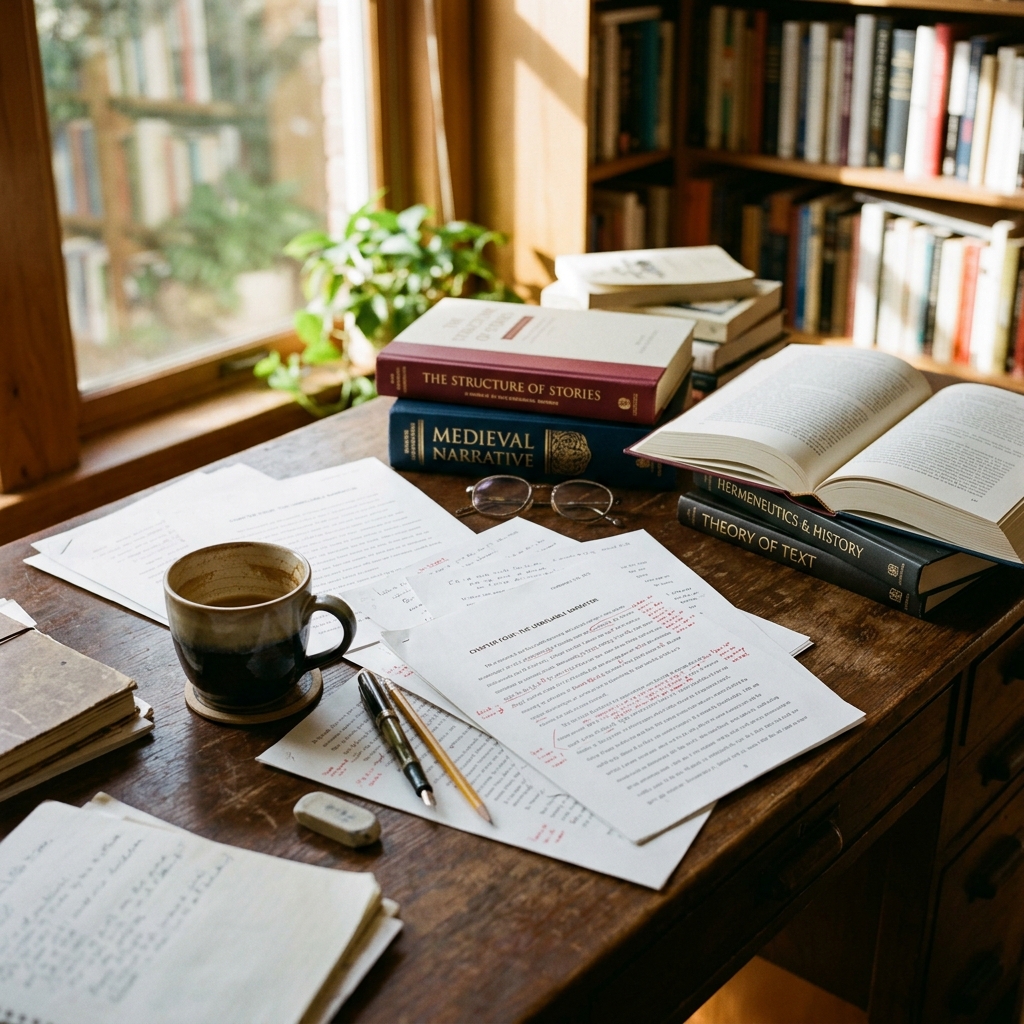 Our publishing desk with manuscripts and coffee
